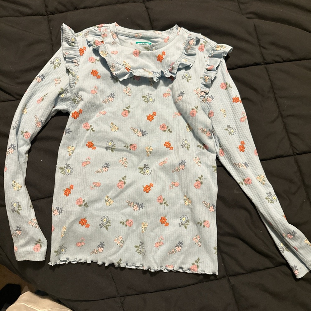 Kids Light Blue Floral Ruffle Long-Sleeve Top